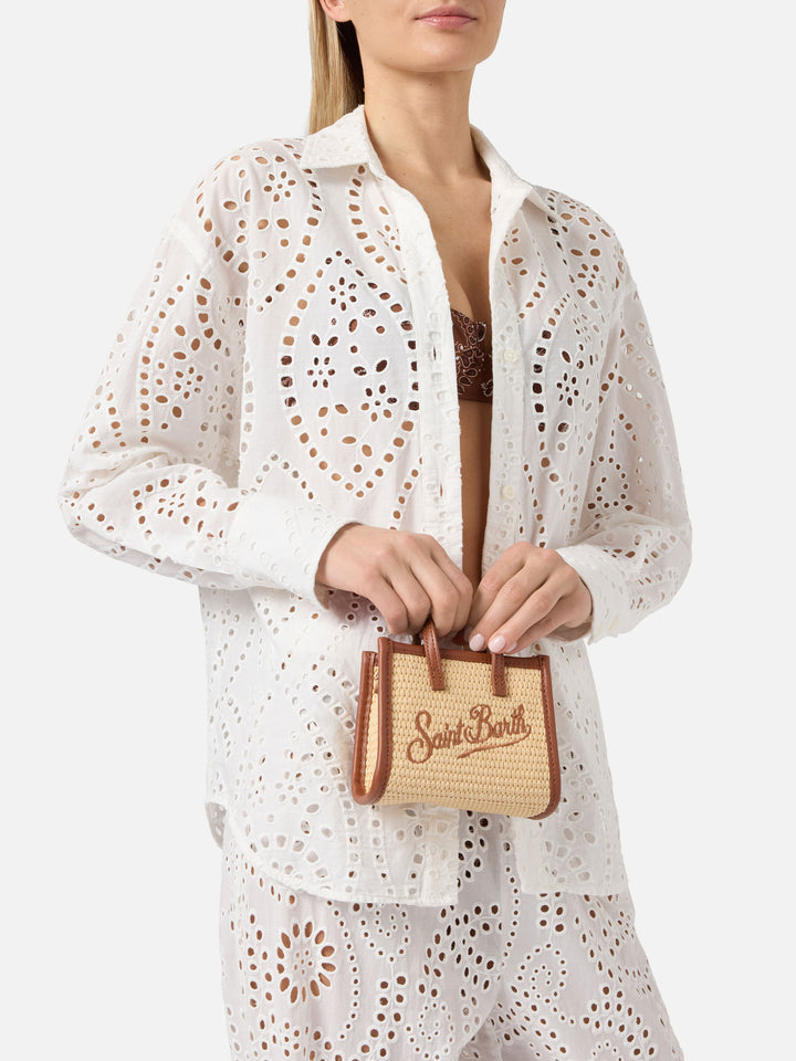 Borsa Vivian micro effetto raffia con logo marrone ricamato