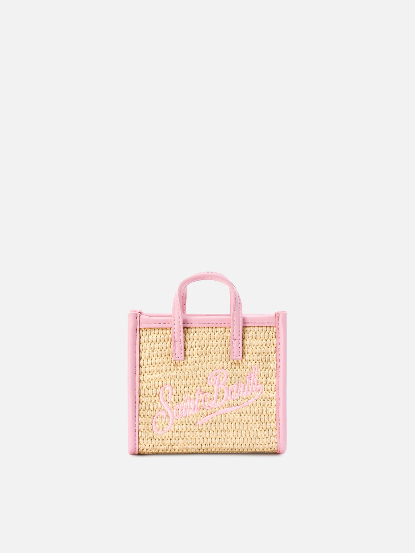 Vivian micro raffia effect bag with pink embroidered logo