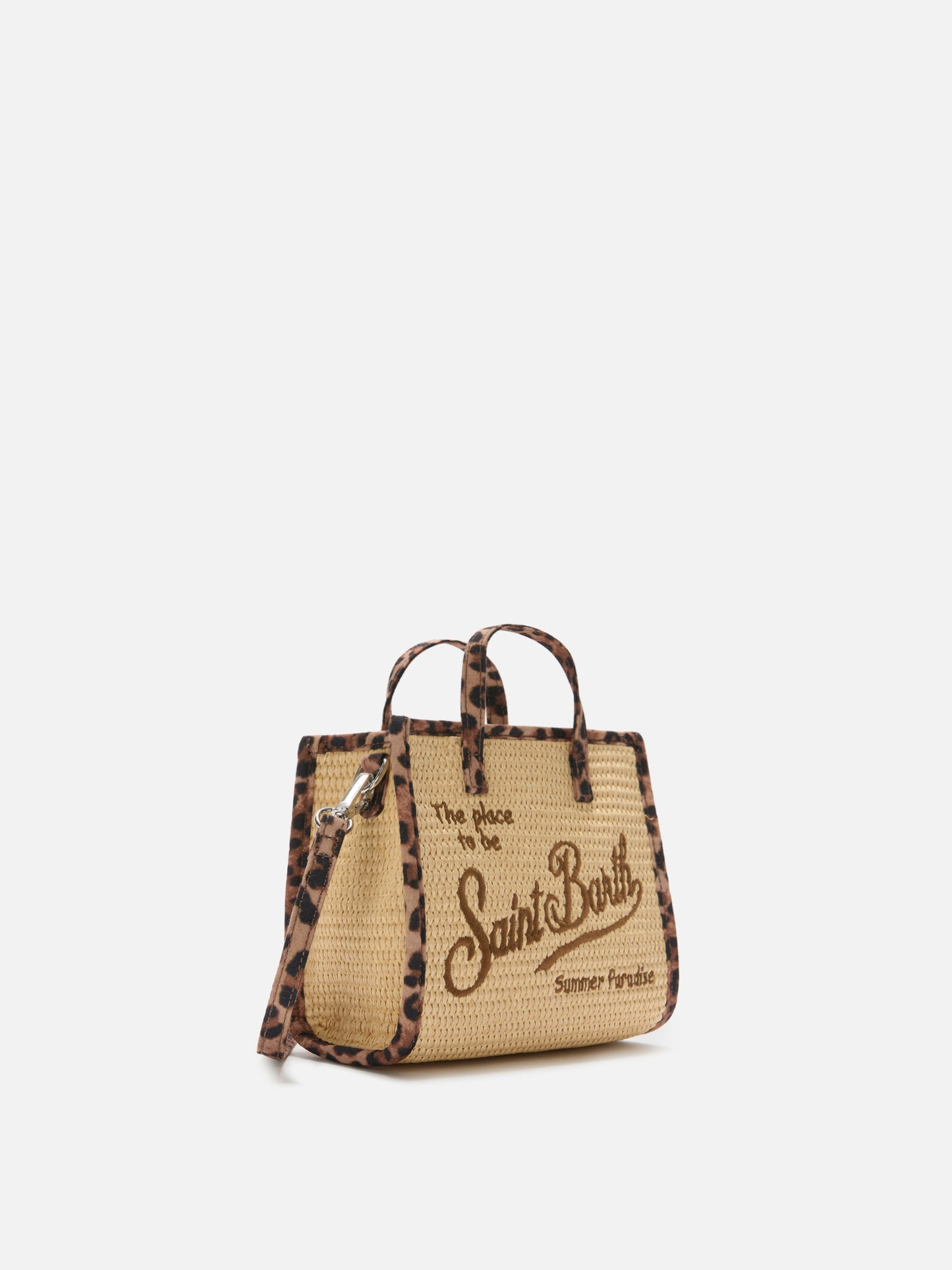 Vivian mini straw effect bag with leopard trims