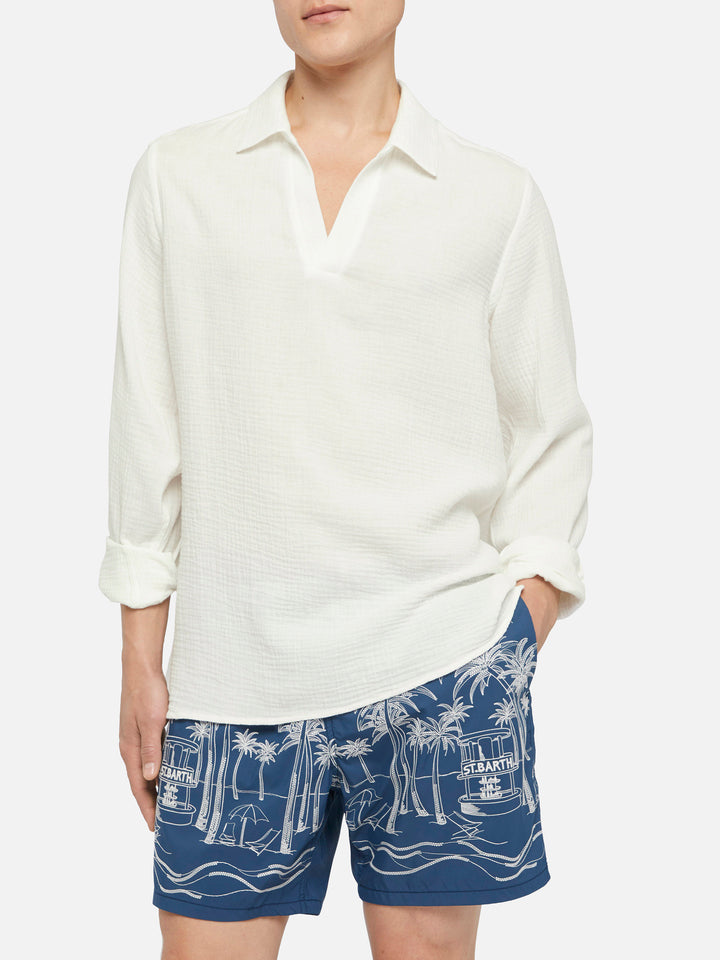 Weißes Baumwollgaze-Poloshirt Ventotene