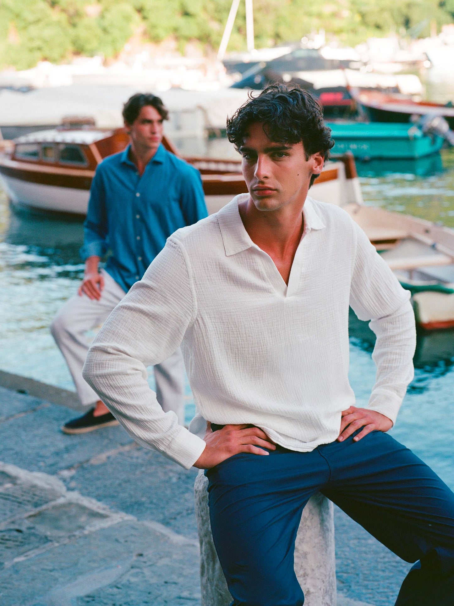 Weißes Baumwollgaze-Poloshirt Ventotene