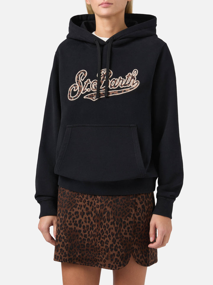 Felpa Virginia in cotone nero con ricamo animalier St. Barth
