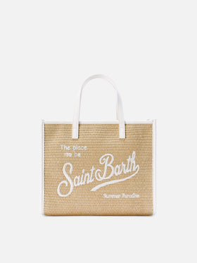 Borsa Vivian medium effetto paglia con logo bianco ricamato