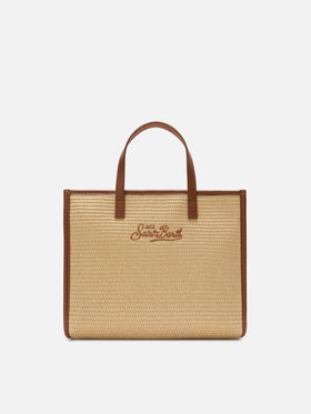 Vivian medium straw effect bag with brown embroidered logo