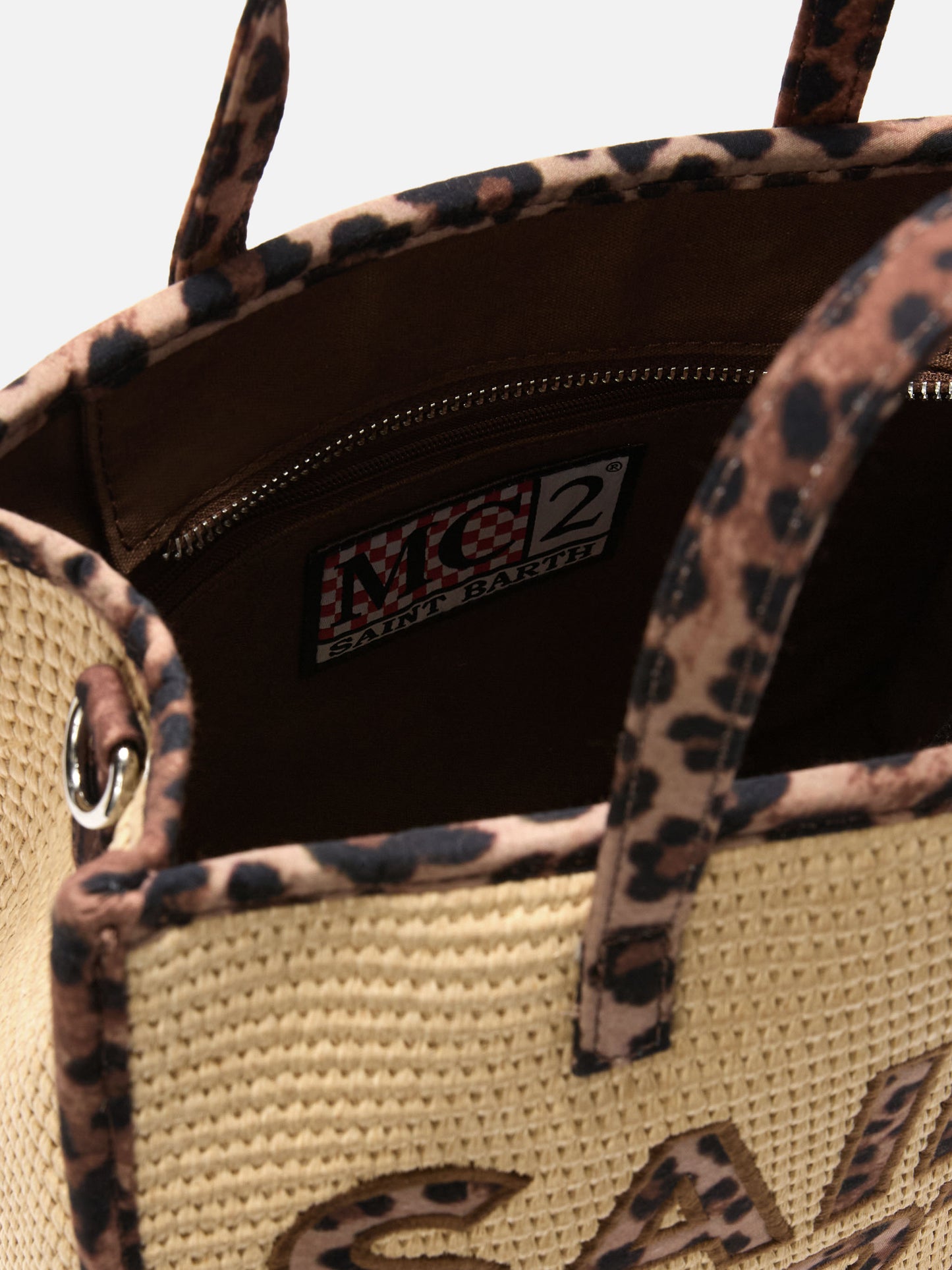 Vivian medium straw effect bag with leopard logo patches