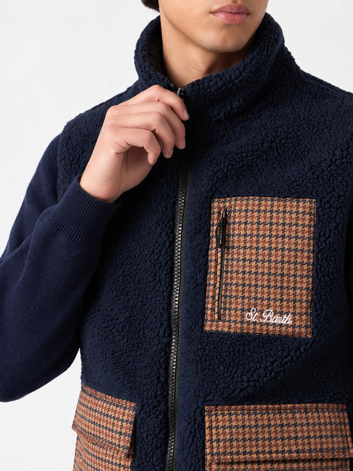 Navy blue Wanaka sherpa vest with check pockets