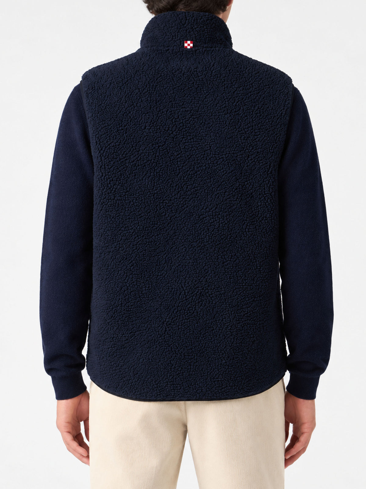 Blaue Sherpa-Weste Wanaka mit karierten Taschen 