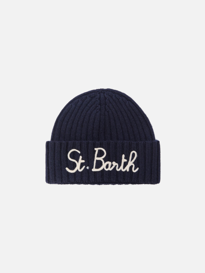 Berretto Wengen in misto cashmere blu con ricamo St. Barth