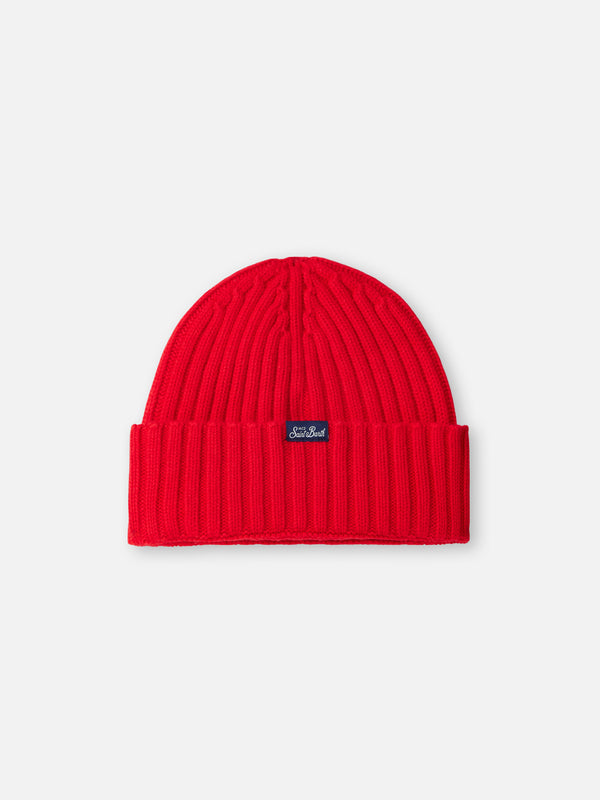 Man red ribbed hat Wengen with Cortina embroidery