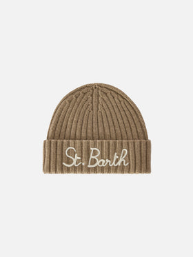 Beigefarbene Wengen-Mütze mit St. Barth-Stickerei 