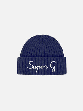 Beanie Wengen in misto cashmere blu con ricamo Super G | SUPER G SPECIAL EDITION