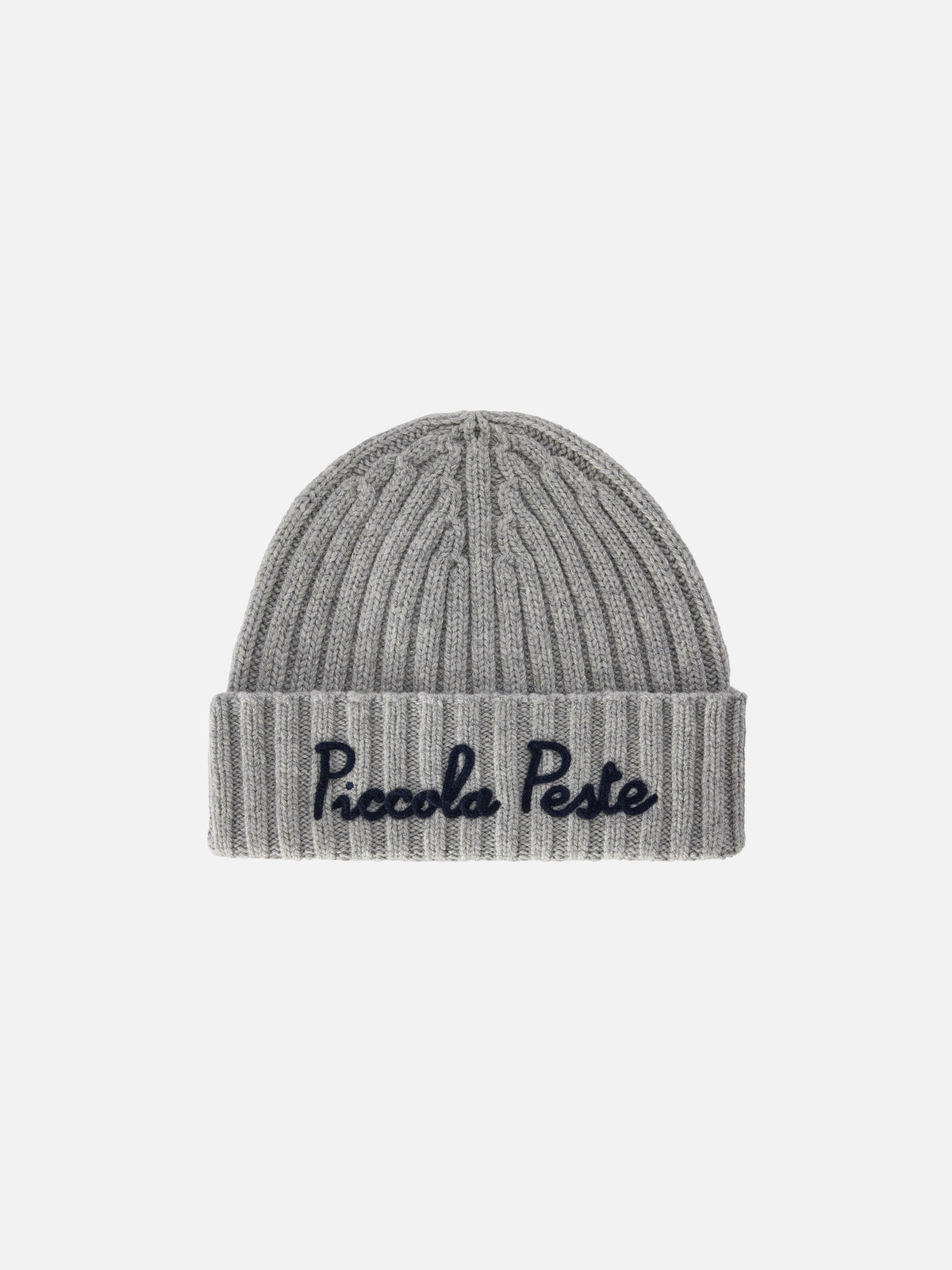 Grey Wengen beanie with Piccola Peste embroidery