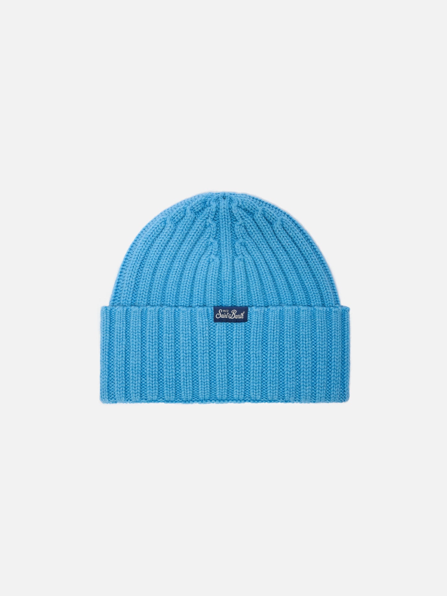 Wengen Jr beanie in cashmere blend in light blue with Snoopy patch and embroidery