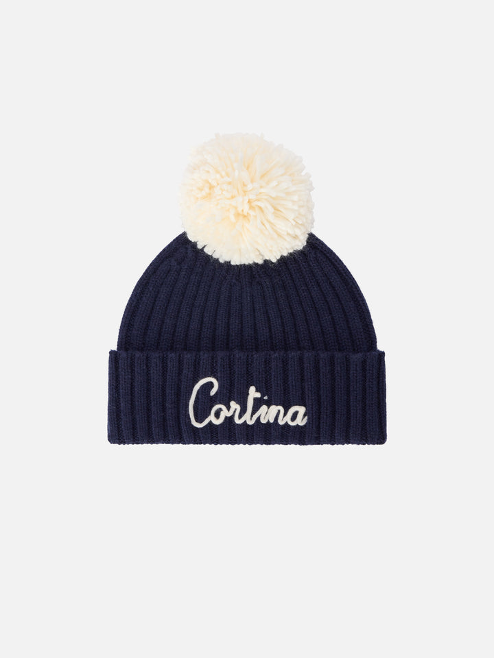 Bonnet Wengen Navy blue avec pompon et broderie Cortina 