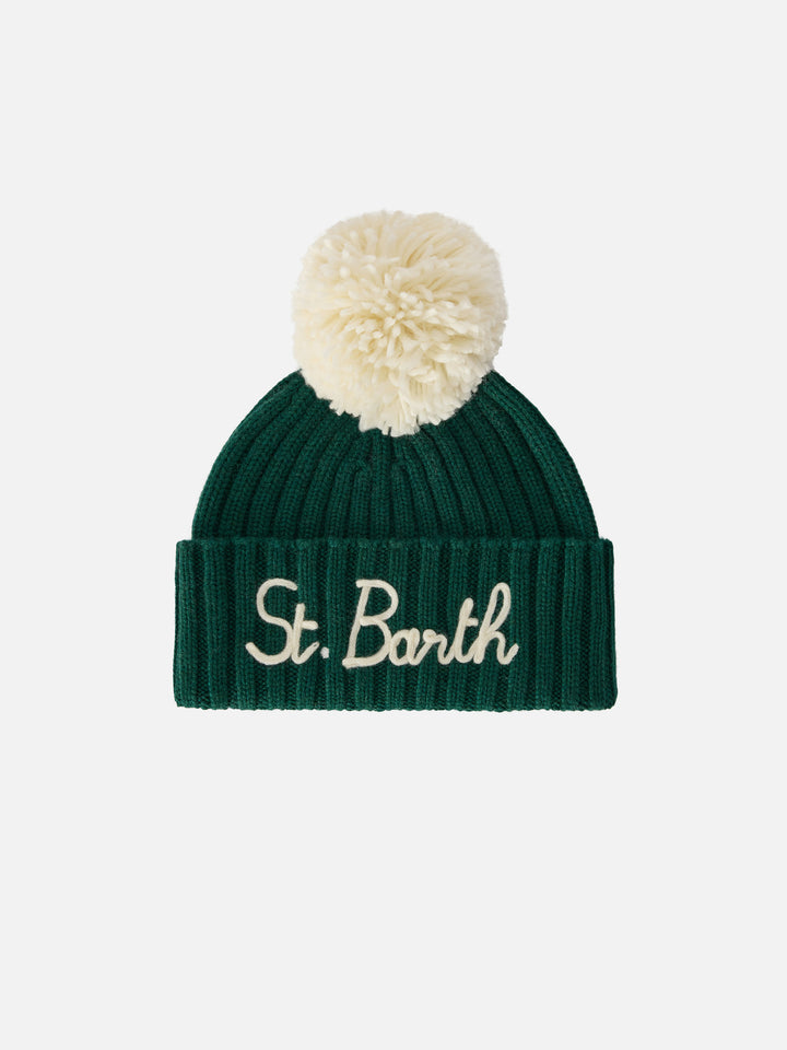 Green Wengen beanie with pompom and St. Barth embroidery