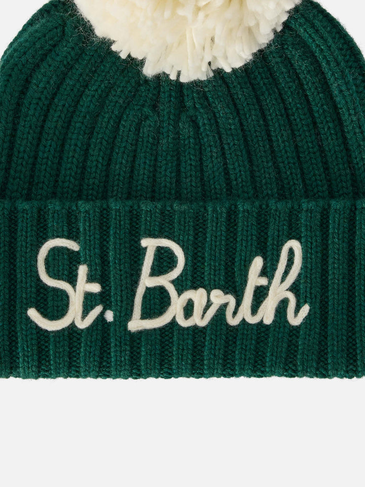 Green Wengen beanie with pompom and St. Barth embroidery