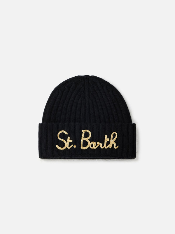 Woman black ribbed hat Wengen with St. Barth embroidery