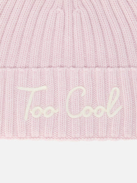 Wengen beanie in cashmere blend with pink “Too Cool” embroidery and pom-pom