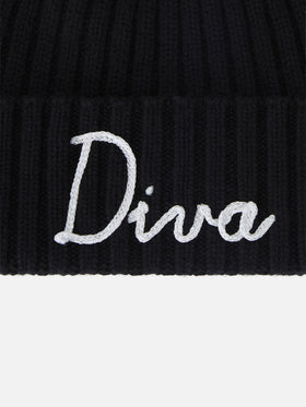 Black Wengen beanie with pompom and Diva embroidery