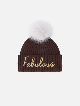 Bonnet Wengen marron avec pompon et broderie Fabulous 