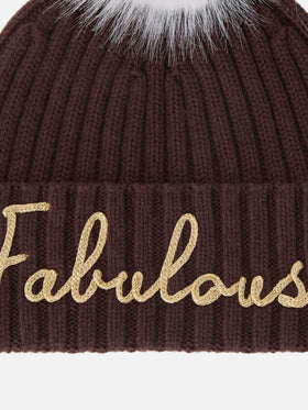 Bonnet Wengen marron avec pompon et broderie Fabulous 
