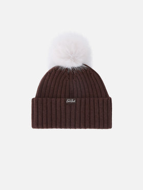 Bonnet Wengen marron avec pompon et broderie Fabulous 