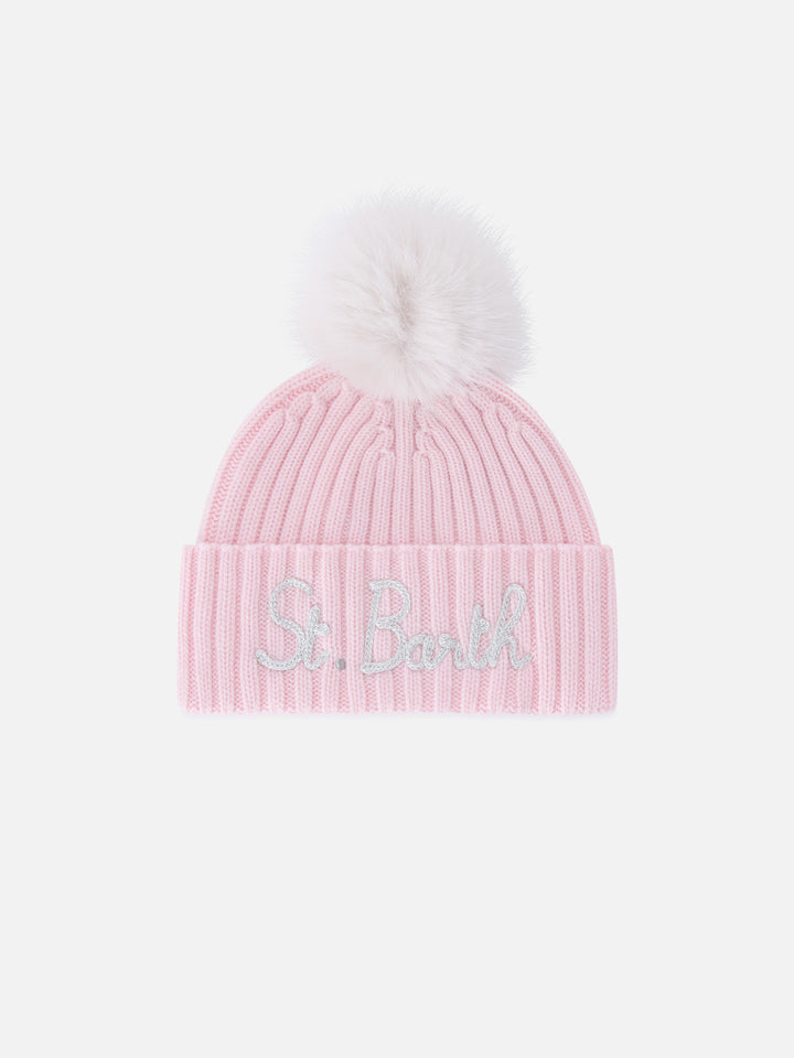Pink Wengen beanie with pompom and St. Barth embroidery