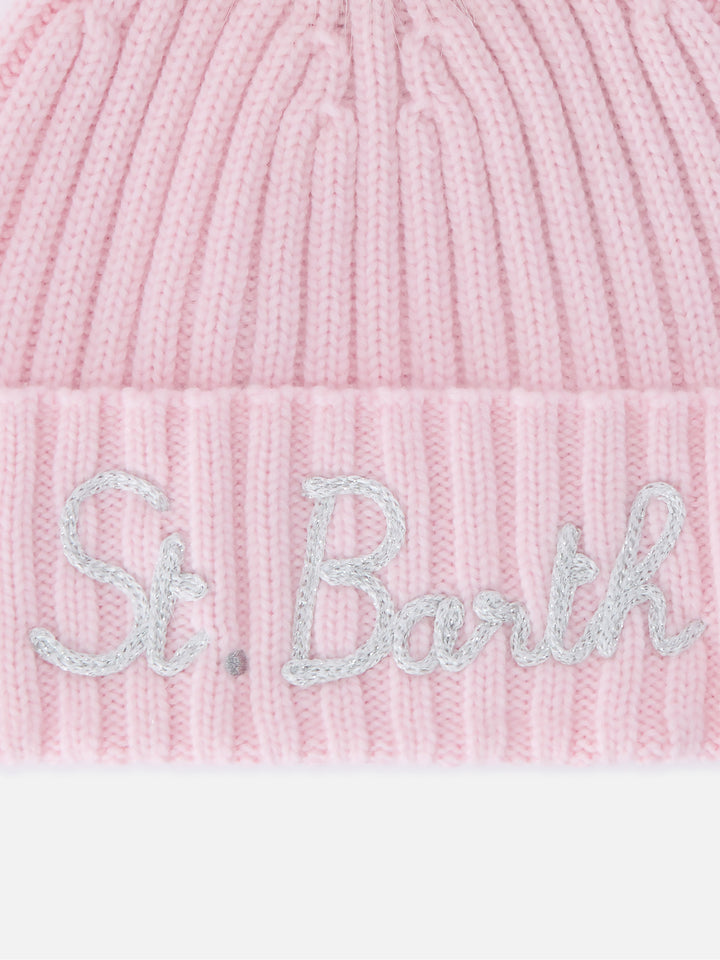 Pink Wengen beanie with pompom and St. Barth embroidery