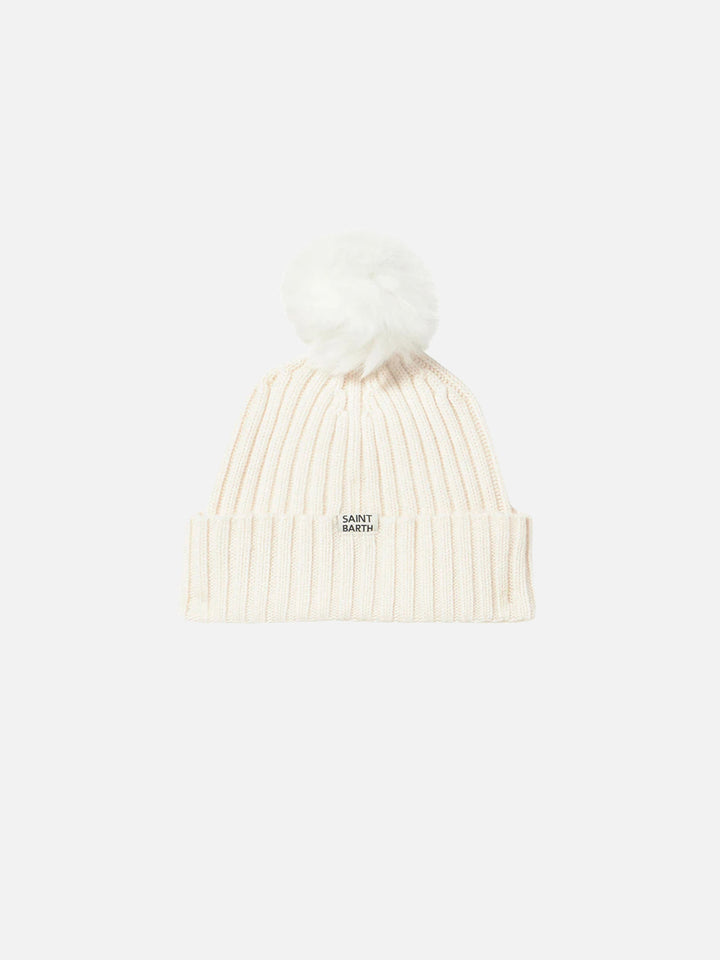 Wengen Jr beanie in cashmere blend in white with Favolosa embroidery