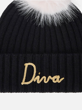 Gorro Wengen negro con pompón y bordado Diva 