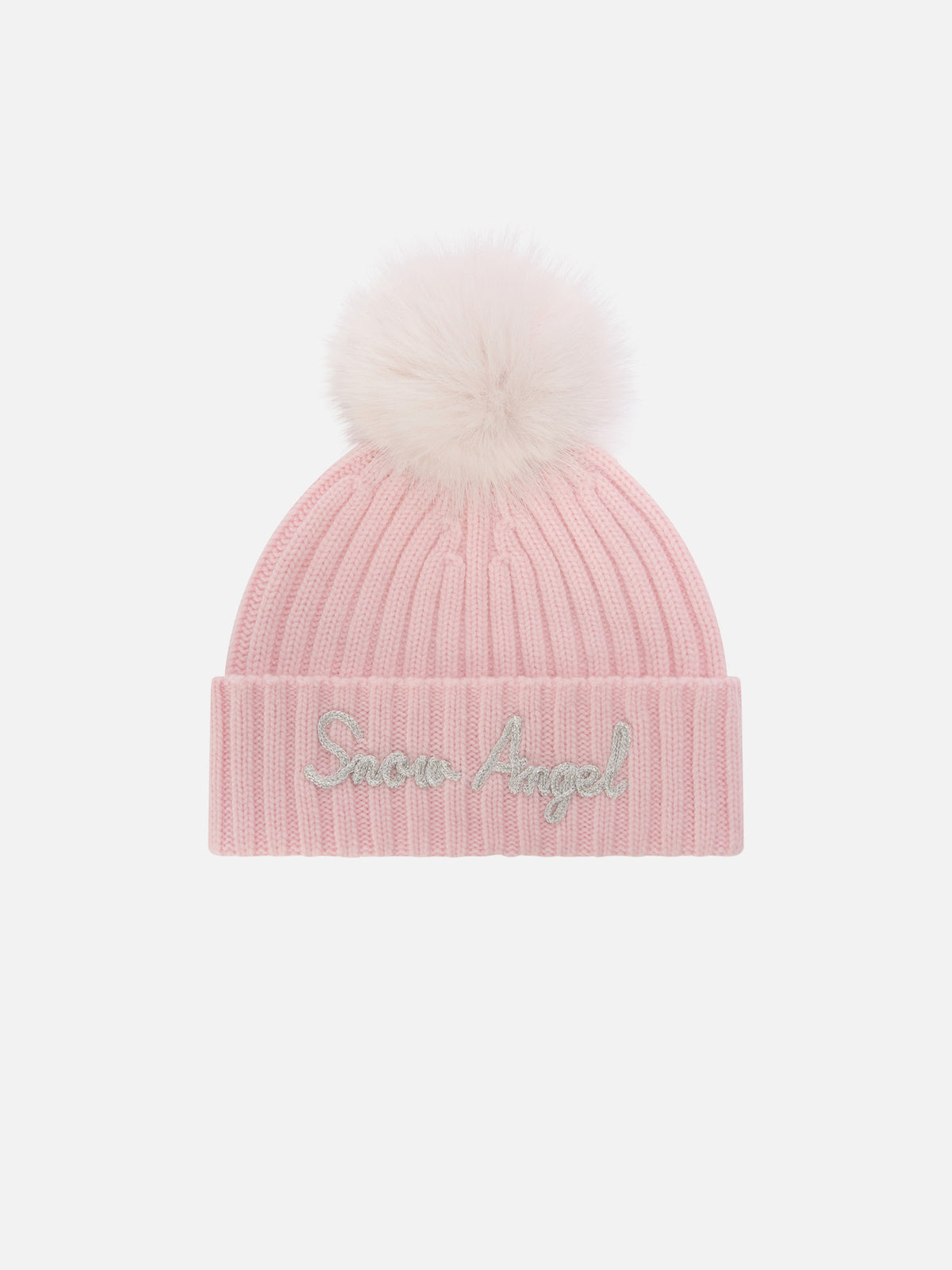 Rosafarbene Wengen-Mütze mit Pompon und Snow Angel-Stickerei 