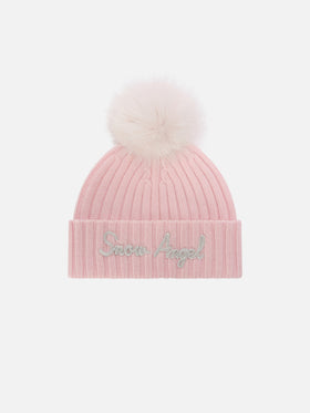 Rosafarbene Wengen-Mütze mit Pompon und Snow Angel-Stickerei 