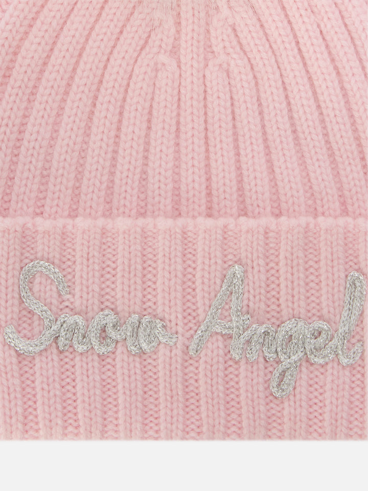 Rosafarbene Wengen-Mütze mit Pompon und Snow Angel-Stickerei 