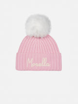 Cappello rosa da bambina Wengen con pompon e ricamo Monella