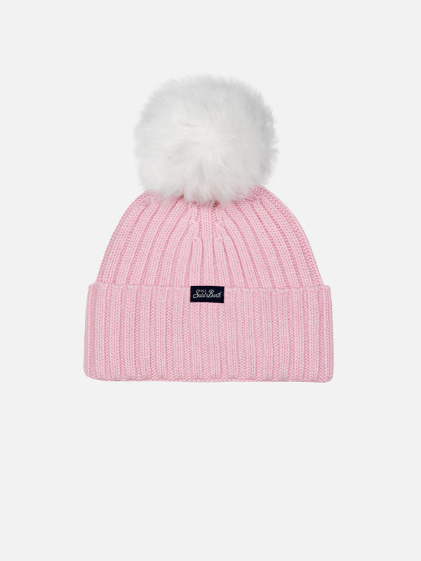 Cappello rosa da bambina Wengen con pompon e ricamo Monella