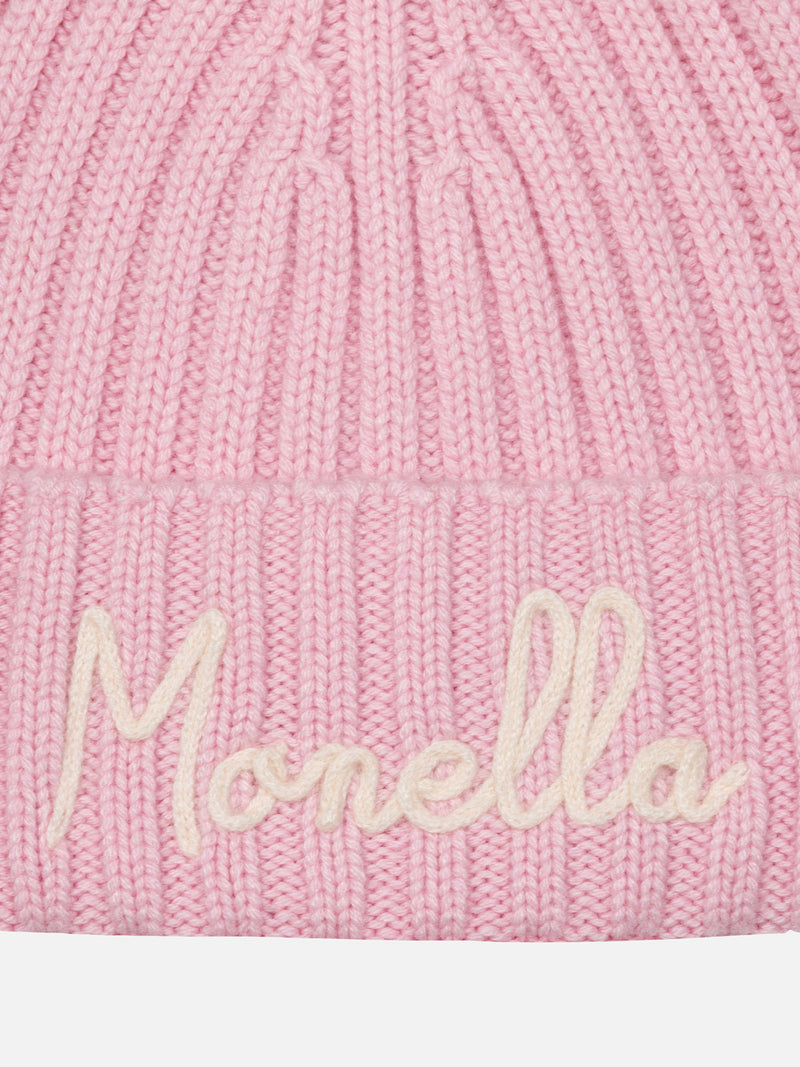 Cappello rosa da bambina Wengen con pompon e ricamo Monella