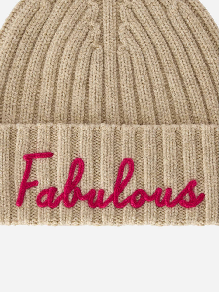 Beige Wengen beanie with Fabulous embroidery