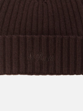 Gorro beanie de lana Wengen marrón oscuro con bordado del logo 