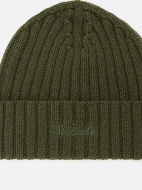 Wengen Woll-Beanie in Military-Grün mit Logostickerei 