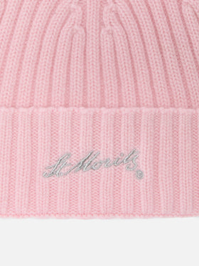 Wengen beanie in pink cashmere with St. Moritz embroidery