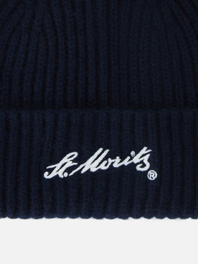Gorro de cashmere Wengen Navy blue con bordado St. Moritz | Special edition 