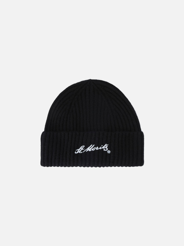 Schwarze Wengen Beanie aus Cashmere mit St. Moritz-Stickerei | Special edition 