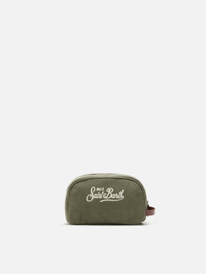 Beauty Bag Westwood in lino verde con logo ricamato