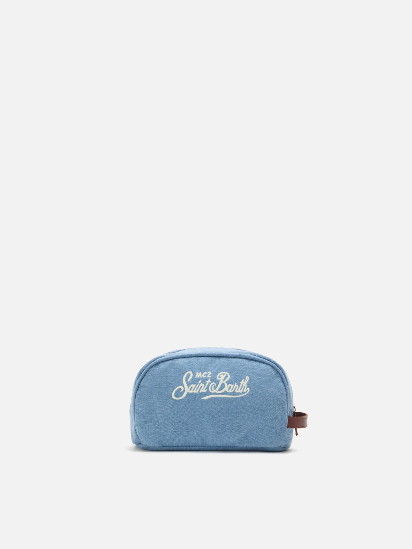 Blue Westwood linen beauty bag with embroidered logo