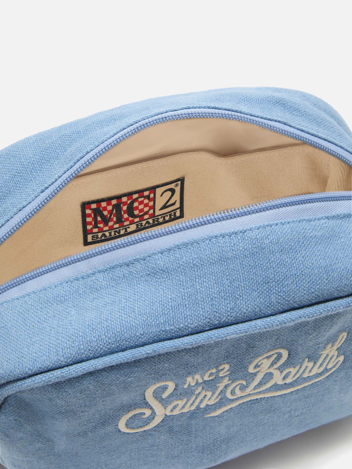 Blue Westwood linen beauty bag with embroidered logo