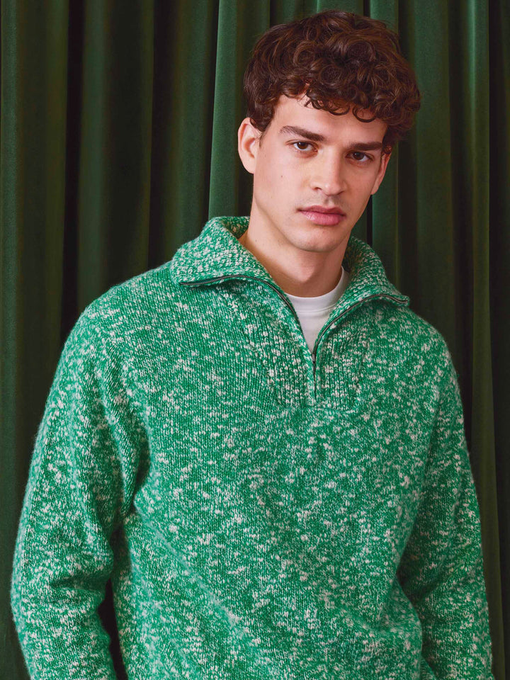 Maglia mezza zip in lana Wesley verde con lavorazione mouliné