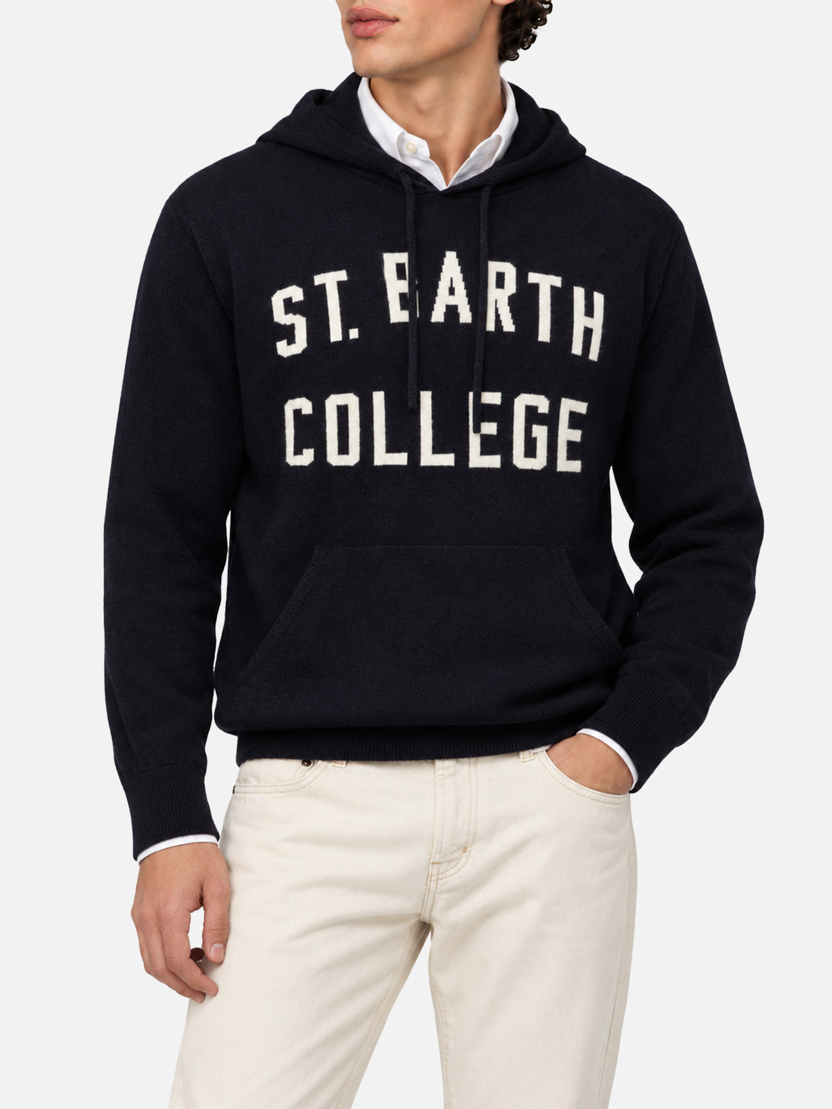 Felpa con cappuccio Wood blu navy con jacquard St. Barth College