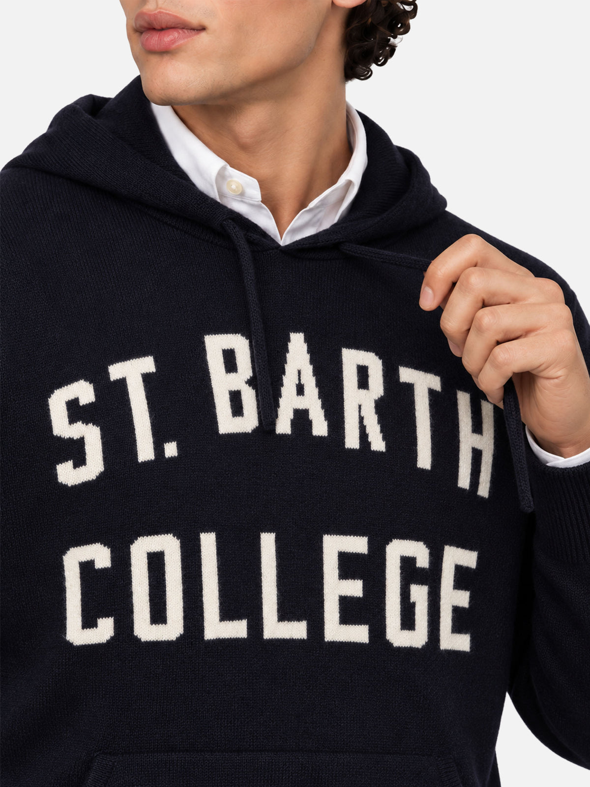 Felpa con cappuccio Wood blu navy con jacquard St. Barth College