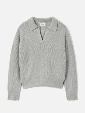 Grauer Strickpullover Yaoni aus Wolle mit Polokragen 