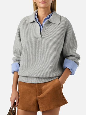 Grauer Strickpullover Yaoni aus Wolle mit Polokragen 